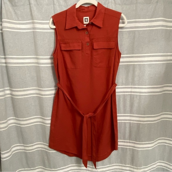 ANNE KLEIN / Rust Linen Blend Sleeveless Dress with Tie Belt Size 6 - Picture 1 of 13